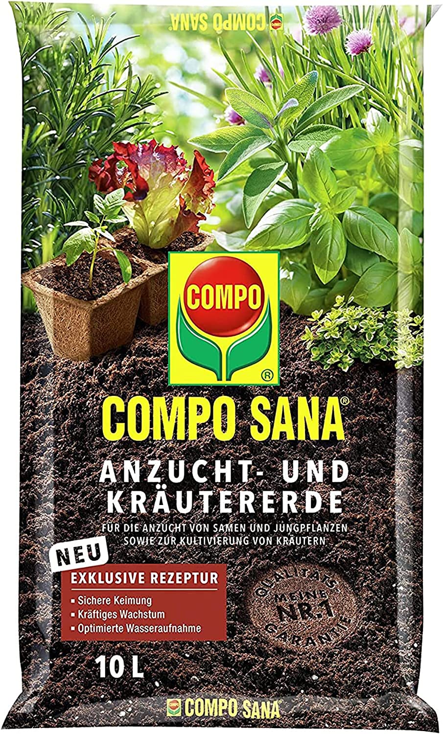 COMPO SANA Anzucht- und Kräutererde mit 6 Wochen Dünger für alle Jung- und Kräuterpflanzen, Kultursubstrat, 10 Liter DER TOMATENFLÜSTERER
